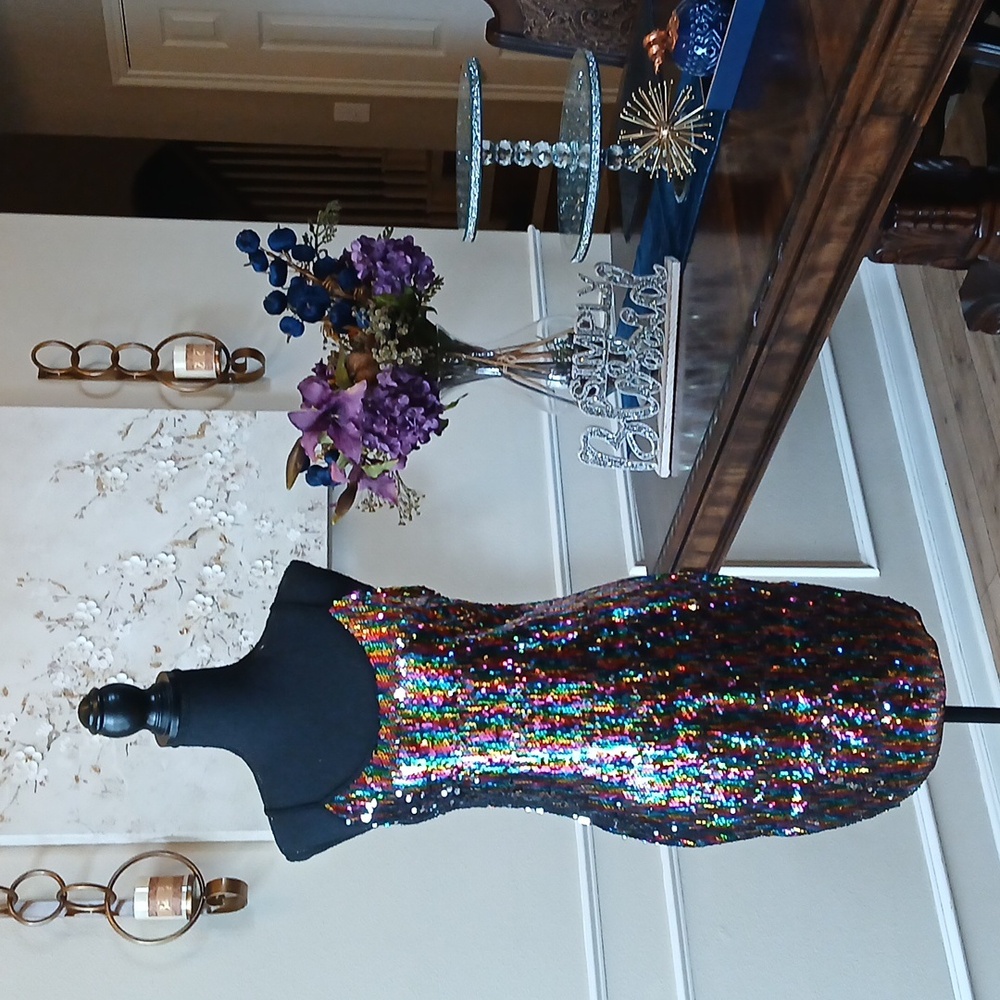 Super Sexy Multicolor Sequined Bodycon Mini Dress. Size L - Picture 14 of 17
